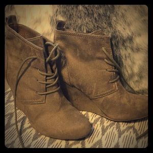 Tan suede wedge booties